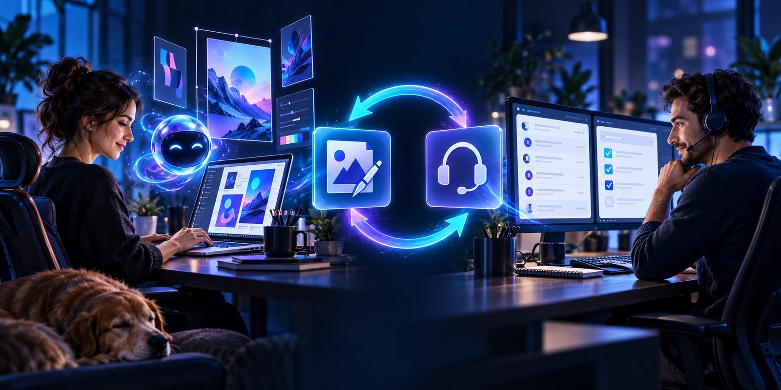 AI-assisted design work and human customer support connected through a service exchange.